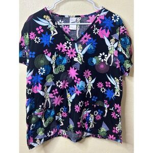 Disney Tinkerbell Scrub Top XL Black Floral Fairy V-Neck Medical Uniform